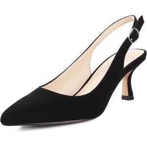 ⭐Women's Black Nubuck Closed Toe Pumps Slingback Buckle Kitten Heel